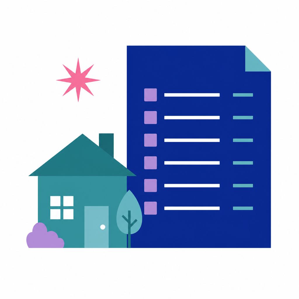 Illustration of a teal house beside a navy fee sheet